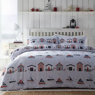 Nautical Beach Huts Duvet Cover Anchor Sail Boats Quilt Bedding Set King Grey • £22.45