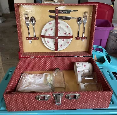 Sirram Vintage Picnic Set In Suitcase -Floral Dishes - Needs Resto • $60