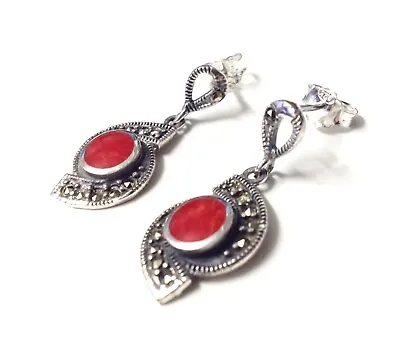 Art Deco 20s Edwardian Red Coral Marcasite Swirl Dangle Earrings Sterling Silver • £28.50