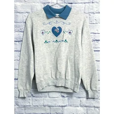 Vintage Jerzees Grandma Cottage Sweatshirt Women’s Small Collar Floral Gray Blue • $25