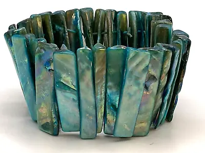 Wide Aqua Blue Iridescent Abalone Shell Stretch Bracelet One Size Fits Most #2 • $9.99