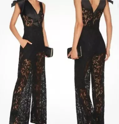 Nwt $798 Alexis Oscar Black Lace Silk One Shoulder Ruffle Tan Jumpsuit Catsuit L • £285.55