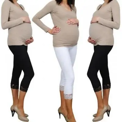 Maternity Pregnancy Cotton Leggings Over Bump 3/4 Length Lace Detail 10 12 14 16 • £7.99