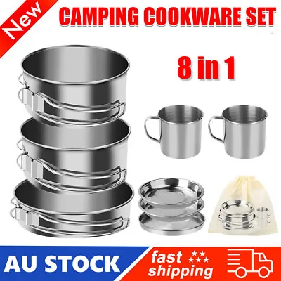 $26.99 • Buy 8PCS Stainless Steel Camping Cookware Outdoor Picnic Pot Cook Pan Set Hiking BBQ