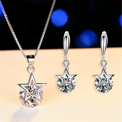 £4.98 • Buy Crystal Star Pendant Necklace And Earrings 925 Sterling Silver Women's Gift Set
