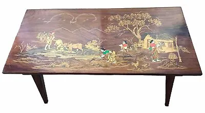 Vintage Inlaid Wood Marquetry Top Coffee Table Depicts Indian Farming W Plaque • $199.96