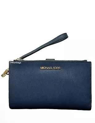 Michael Kors Jet Set Travel Large Double Zip Phone Wallet Wristlet Navy Leather • $57.98
