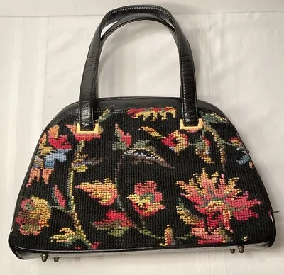 Vintage Floral Tapestry CARPET Bag Purse Jewel Tone Black • $24.99