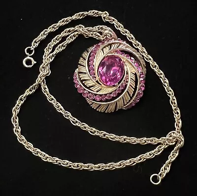 Vintage Goldone TRIFARI Fuschia Pink Rhinestone 1.75” Pendant & 24” Chain • $45