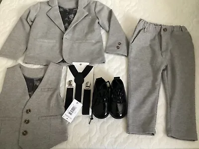 Infant Boys Suit Piece Wedding Suit Braces Patent Leather  Shoes 12-18 Months • £27.95