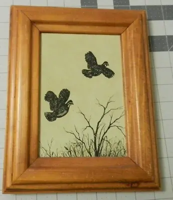 Vtg Small Etching Print On Suede Leather Wood Framed Quail In Flight 7.75 X9.5  • $17.99