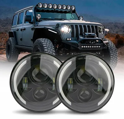 $29.99 • Buy Pair 7  Inch Round LED Headlights Angle Eyes DRL For Jeep Wrangler JK LJ TJ CJ