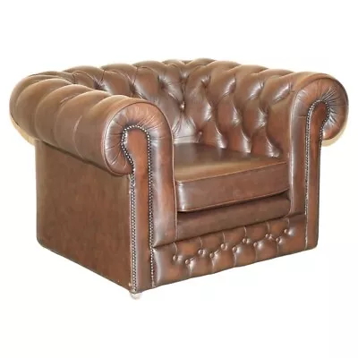 Vintage Thomas Lloyd Made In England Brown Leather Chesterfield Armchair • $621.68