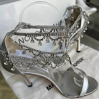 Manolo Blahnik Designer Silver Stiletto Heels With Crystals Size  35.5  Italy • $189