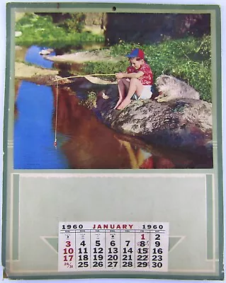 Vintage 1960 Wall Calendar Boy Fishing In Creek 13x10.5 • $11.29