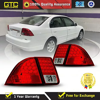 For 01-03 Honda Civic Sedan LED Tail Lights Chrome Red Replacement Rear Lamp Set • $128.99