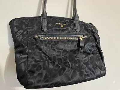 Michael Kors Tote Black On Black Leopard Print Gold Shoulder Handbag Purse • $34.99