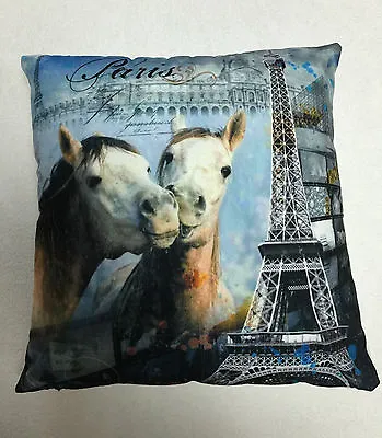 Blue Grey Paris & Horses Love Cushion Cover / Pillowcase 45x45cm | Free Postage • £3.70