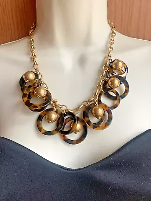 J. Crew Faux Tortoise Shell Circle Disc Dangle Ball Bead Chunky Chain Necklace • $17.46