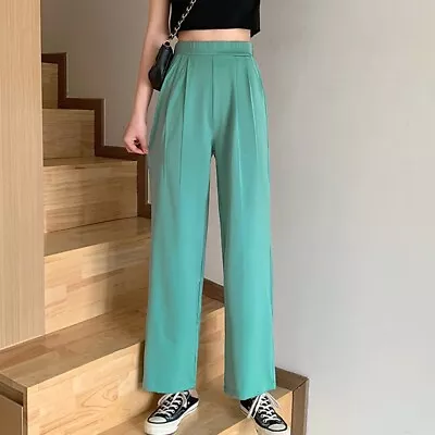 Stylish Pants Trousers Straight Cotton Elastic Green Korean Pants Loose • $29.93