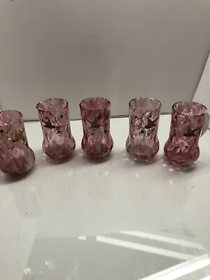 5 Pink Spatter Enamels Birds & Branches Moser Art Glass Tumblers Set 5” Tall • $195