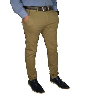 Mens Slim FIT Stretch Chino Trousers Casual Flat Front Flex Classic Full Pants • $22.94