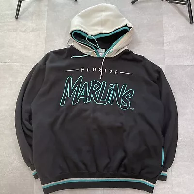 Vintage Starter Florida Marlins Hoodie Large L Mens Black Sweatshirt Pullover • $72.99