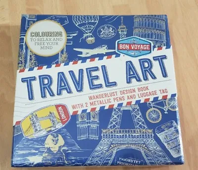 NEW TRAVEL ART Wanderlust COLOURING Design Book With 2 Metallic Pen Luggage Tag  • £1.50