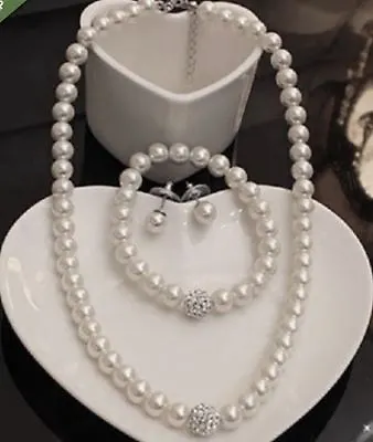 £3.99 • Buy Paved Diamante Crystal Ball White Glass Pearl Necklace, Earrings, Bracelet Set