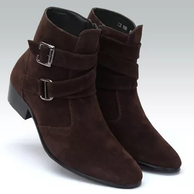 Mens Faux Suede Pointed Toe Ankle Boots Buckle Strap Heels Shoes Chelsea Booties • $56.96