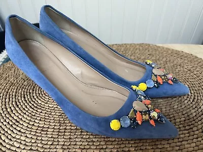 Rare JCrew COLLECTION Dulci Suede Kitten Heels Jeweled Womens 7.5 Blue Italy • $32