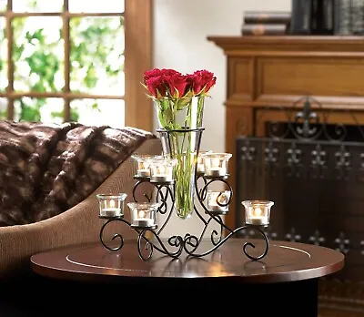 $42.48 • Buy Black Iron Candelabra Candle Holder Flower Vase Tabletop Wedding Centerpiece