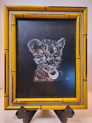 Adorable Vintage Scratchboard Art Lion Tiger Cub With Pacifier Framed Signed • $49.95