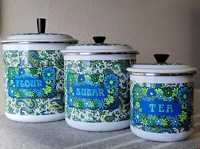 SET/3 Vintage 1970's MOD Fancipan PAISLEY Enamelware CANISTER Flour/Sugar/Tea • $49.99