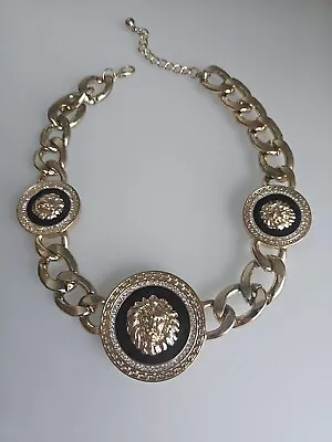 BIG CHUNKY Vintage Necklace SIGNED Gold Tone Chain Versace Lion Head 1990s • $45