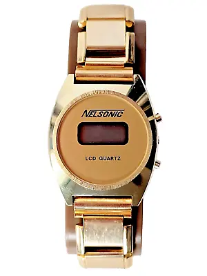 VINTAGE NELSONIC LCD QUARTZ WATCH WOMENS STRETCH BAND GOLD TONE 1980's UNTESTED • $10.99