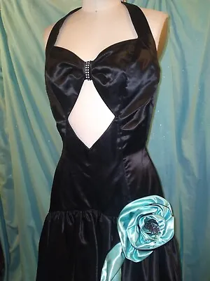 Vtg Rare 1980s Satin Teal Black Mullet CUT OUT Halter Rose Prom Party Dress Sz S • $134.29