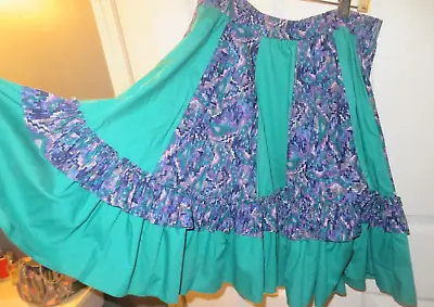 Vintage Malco Modes USA Square Dance Skirt Full Circle Floral Green Blue Sz S • $12