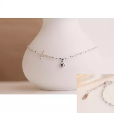 Girl Women 925 Sterling Silver Dangle CZ Sideways Cross Bracelet 6-8  Gift K31A • $16.95