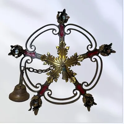 Antique Floral Scrolled Heavy Cast Iron & Brass 5 Light Chandelier & Canopy 19”d • $322.99