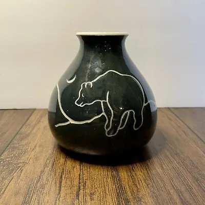 Bear & Moon Amazon Earthworks Inc. Signed Black Etched Ceramic Pottery 4” Vase • $28