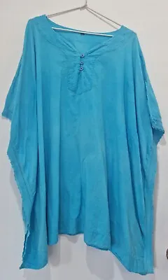 Free Size Kaftan Top Aqua Blue Crochet Lace & Broiderie Anglaise Trim Cotton • $14