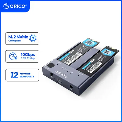 ORICO Dual Bay Aluminum M.2 SSD NVME Cloner Enclosure USB C 3.1 Gen2 10Gbps 5V4A • £55.99