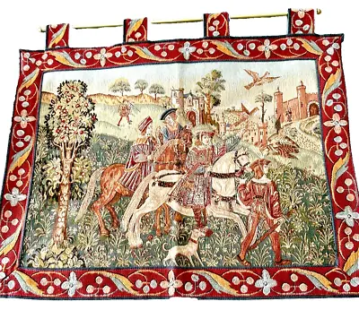 Leaving For The Hunt French Tapestry Wall Art Hanging Falcon Horses Castle • $119.99