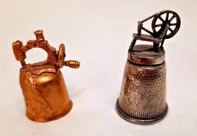 Lot Of 2 VTG Thimbles 1 Silver Spinning Wheel 1 Gold Tone Sewing Machine • $15