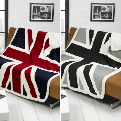 Black Novelty Union Jack British Flag Soft Touch Sherpa Fleece Throw Blanket • £21.99