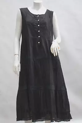 Vintage Lace Trim Embroidered Tiered Black Dress Made In India Boho Goth Hippie • $29.99