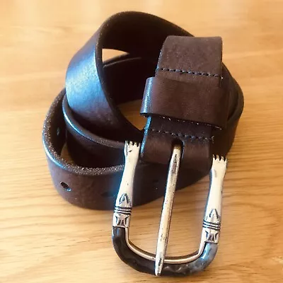 REMO TULLIANI Sz 36 Leather Belt Brown Unique Buckle Native American Look (NOTE) • $10.99