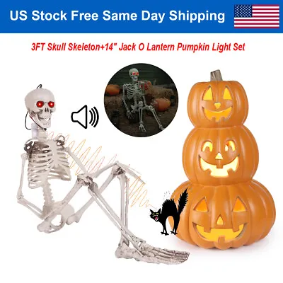 14  3-Tier Pumpkin Lights Jack O Lantern+3ft Halloween Decoration Skull Skeleton • $66.86