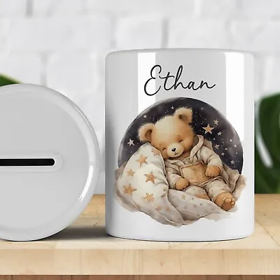 Personalised Watercolour Cute Bear Kids Money Box Savings Piggy Bank. Any Name • £8.99